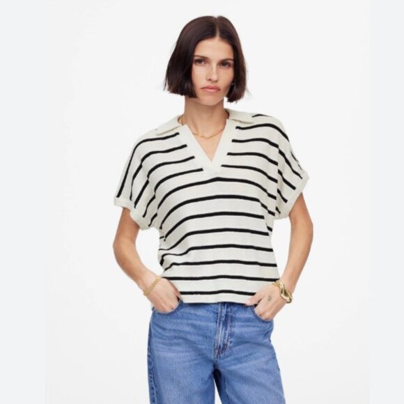 NWT Madewell Relaxed V-Neck Polo Shirt in Stripe Black White Sz Large - Picture 1 of 7